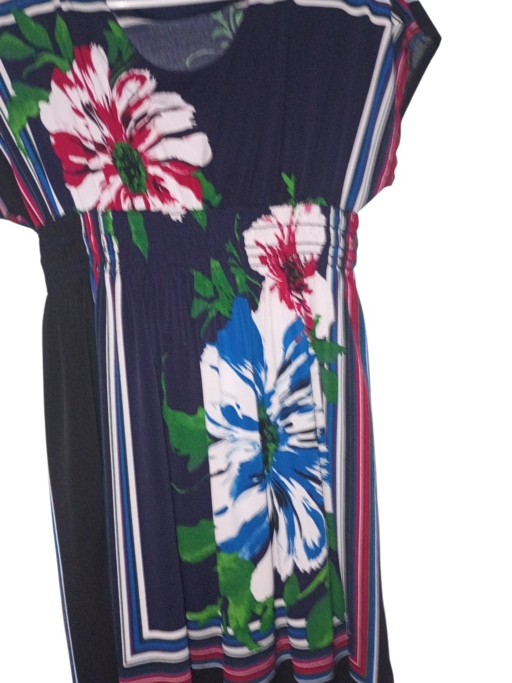 Navy Floral Dress with Bold Stripes